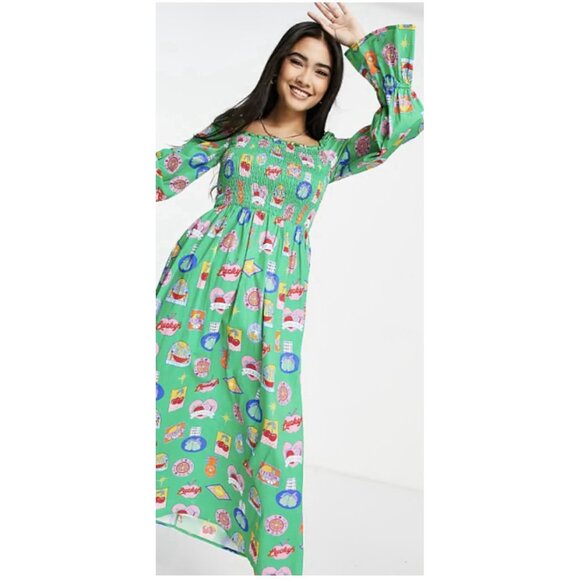 Never Fully Dressed Fruit Sticker Shirred Midi Dress Size 6 Green viral - Picture 1 of 9
